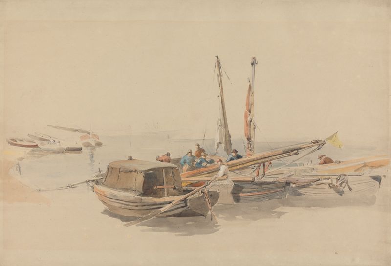 Fishing Boats at Anchor de Edward Angelo Goodall, realismo, representando barcos de pesca en un puerto tranquilo al amanecer