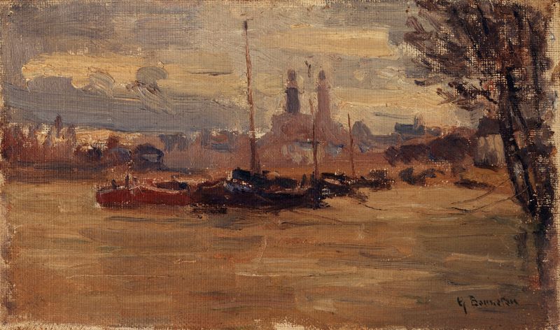 La Seine au pont des Invalides, oil on canvas by Germain Eugène Bonneton, depicting a flooded river landscape.