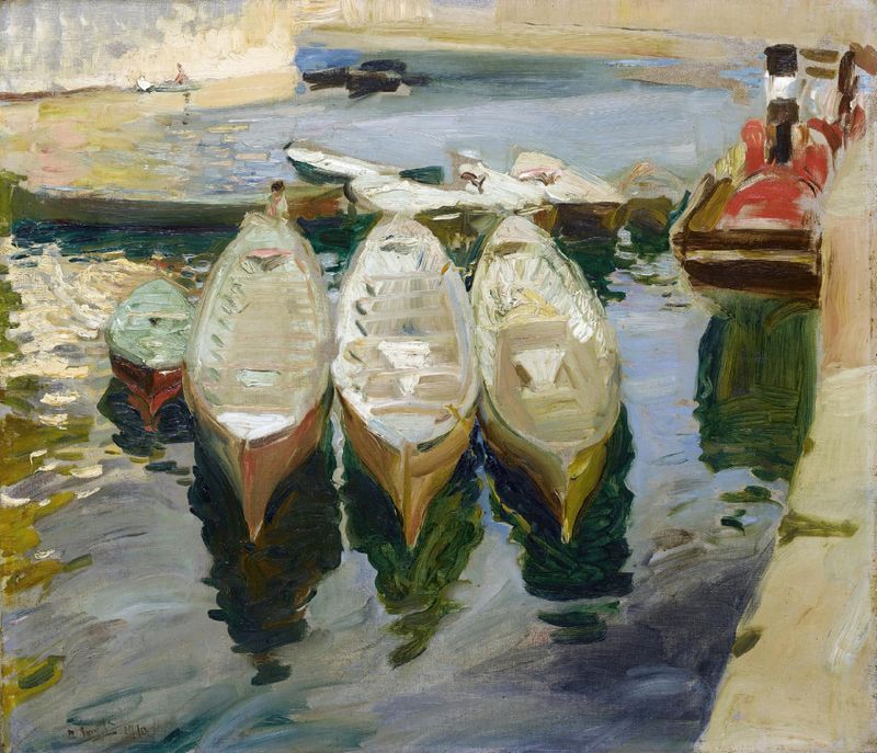 Puerto de Guetaria, oil on canvas by Joaquín Sorolla depicting a coastal scene with boats and sunlight