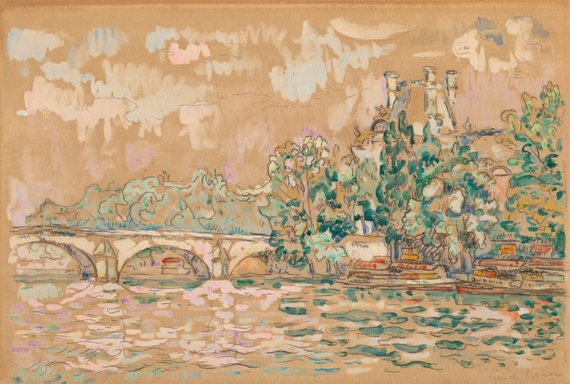 Óleo sobre tela de Paris, Le Pont-Royal de Paul Signac com reflexos vibrantes no rio