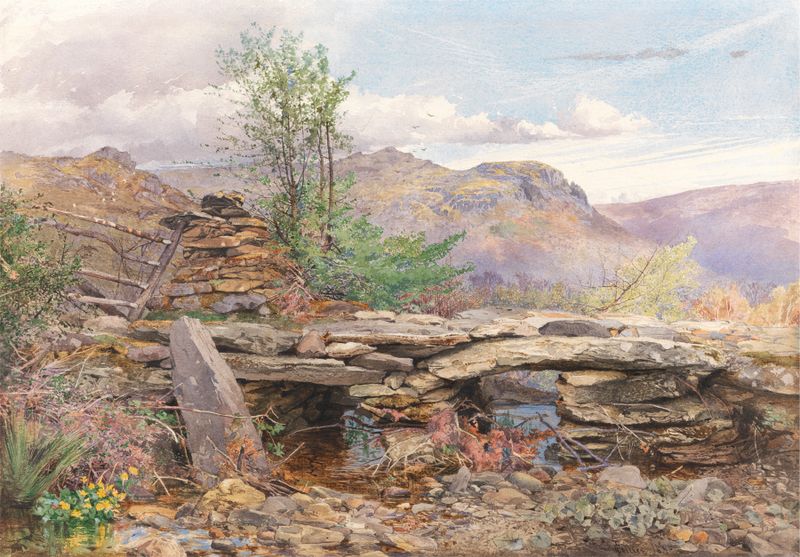 Pentre Ddu Bridge over a river, landscape by Thomas Collier