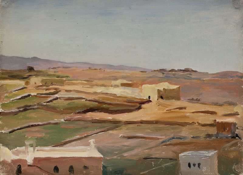 Paisagem desértica com areias douradas e céu azul por Jan Ciągliński, óleo sobre tela