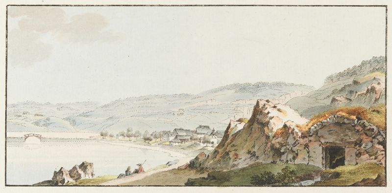 Acuarela de Johann Ludwig Aberli que representa un lago tranquilo y montañas al atardecer