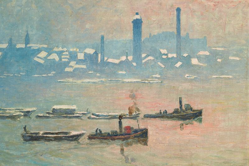 La Tamise sous la neige by Emile Claus, oil on canvas depicting a snowy River Thames landscape.