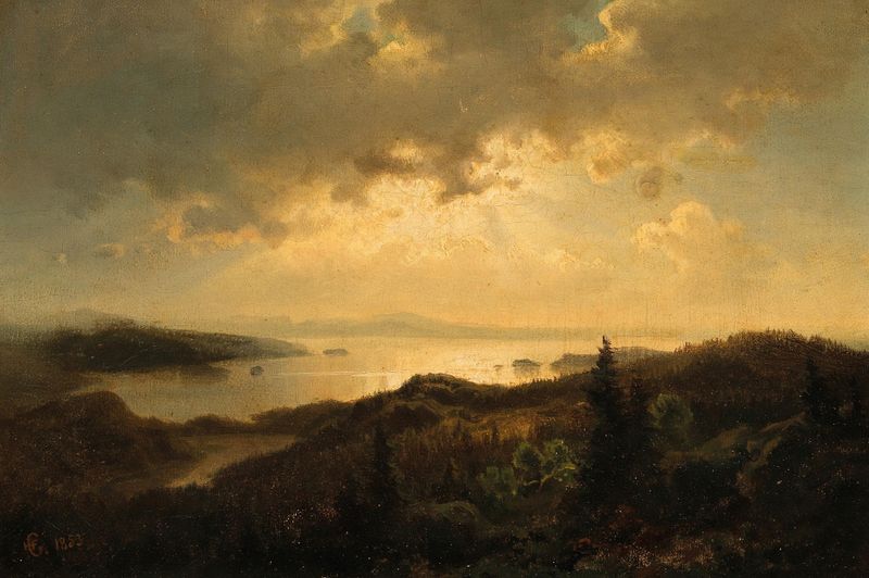 A Scene at Dusk in Norway, oil on canvas by Hans Gude, depicting a serene twilight landscape.