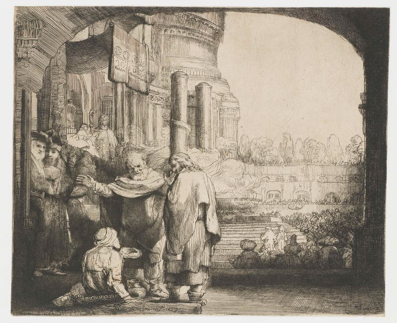 Gravura de Rembrandt van Rijn mostrando Pedro e João curando um homem paralítico na porta do templo.