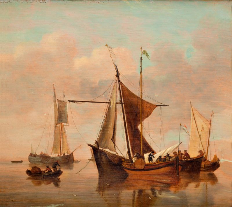 Quiet Lake de Willem van de Velde el Joven, pintura al óleo que representa un lago tranquilo al anochecer.