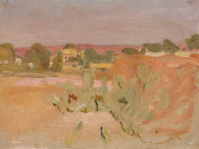 Paisagem rosa com cactos, óleo sobre tela de Jan Ciągliński