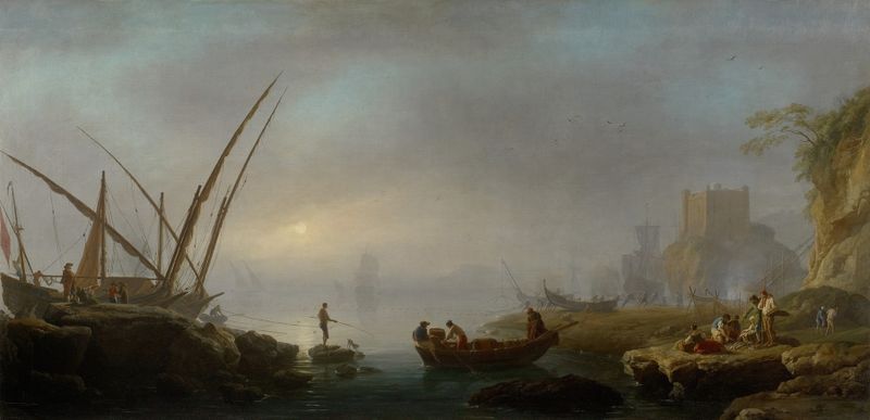 Italian port scene with boats and sunset, oil on canvas by Charles-François Grenier De Lacroix