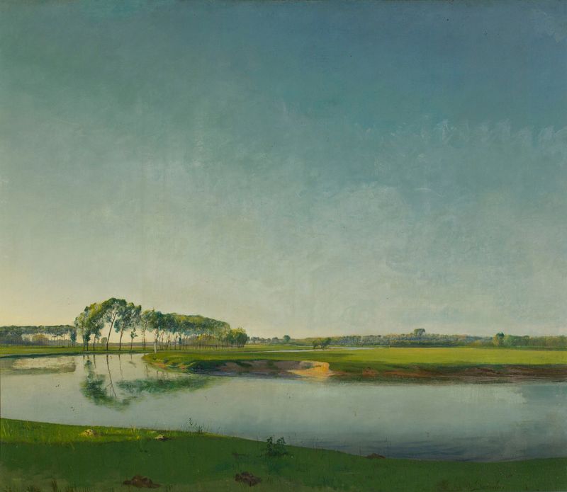 Pintura al óleo de Valerius De Saedeleer que representa un río al atardecer con ricos tonos.