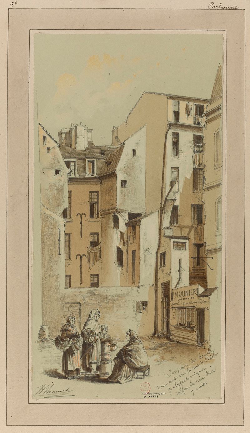 Architecture scene with cobblestones and buildings by Jules-Adolphe Chauvet, oil painting