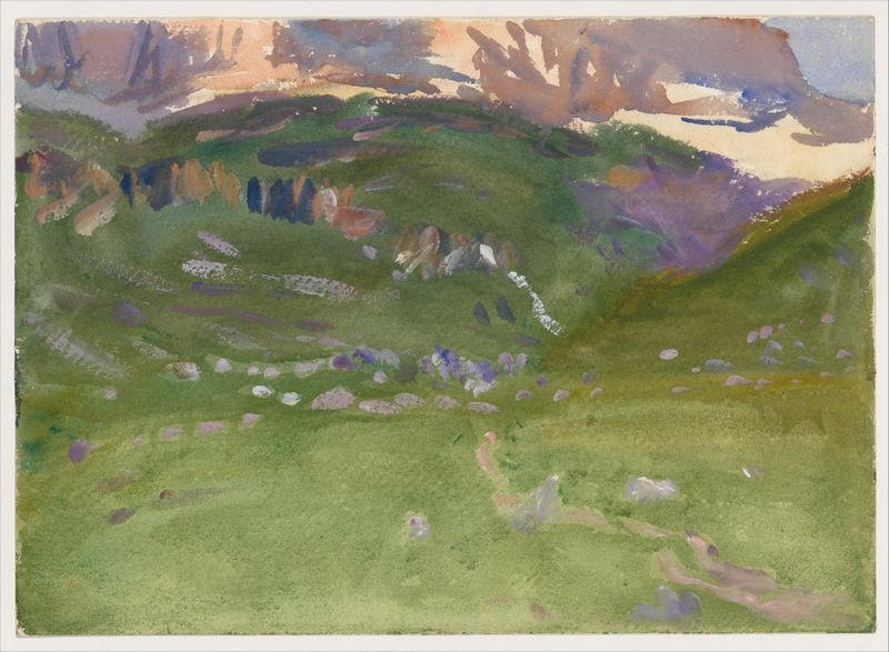 Sellar Alp, Dolomitas de John Singer Sargent, pintura a óleo representando montanhas e floresta
