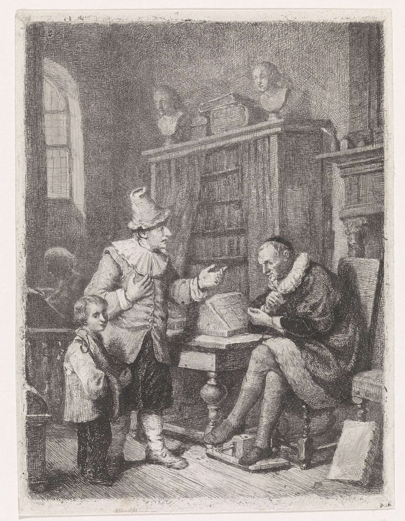 Genre scene etching by David van der Kellen depicting a figure at a table with candlelight