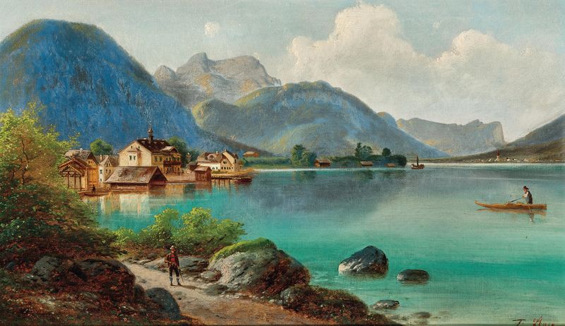 Blick auf Weissenbach am Attersee by Ferdinand Lepie, oil painting depicting a serene lake and mountains.