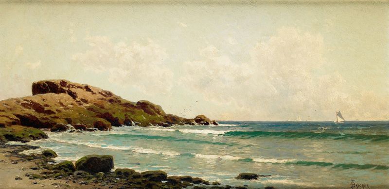 Seascape by Alfred Thompson Bricher, oil painting depicting waves, horizon, and clouds.
