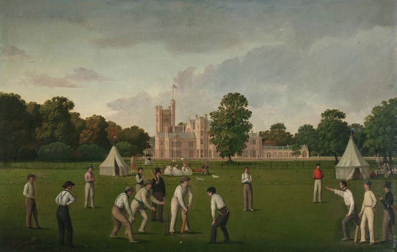 A Cricket Match de Thomas Bremond, mostrando jugadores en la hierba, óleo