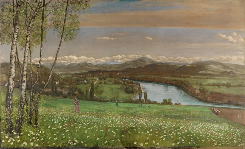 Landscape of the Rhine River with hills, oil on canvas by Hans Thoma