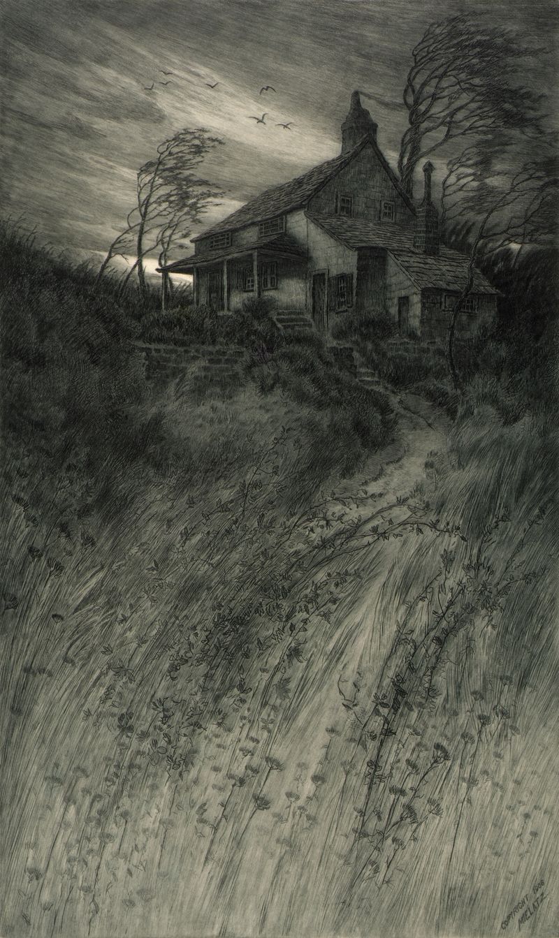 Old House in Wind, etching by Charles Frederick William Mielatz, depicting a tree and an old house under a stormy sky.