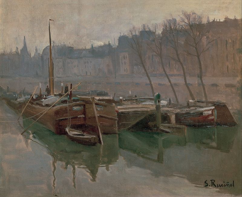 Barcos en el Sena de Santiago Rusiñol, pintura al óleo que muestra barcos en un río con reflejos de luz.