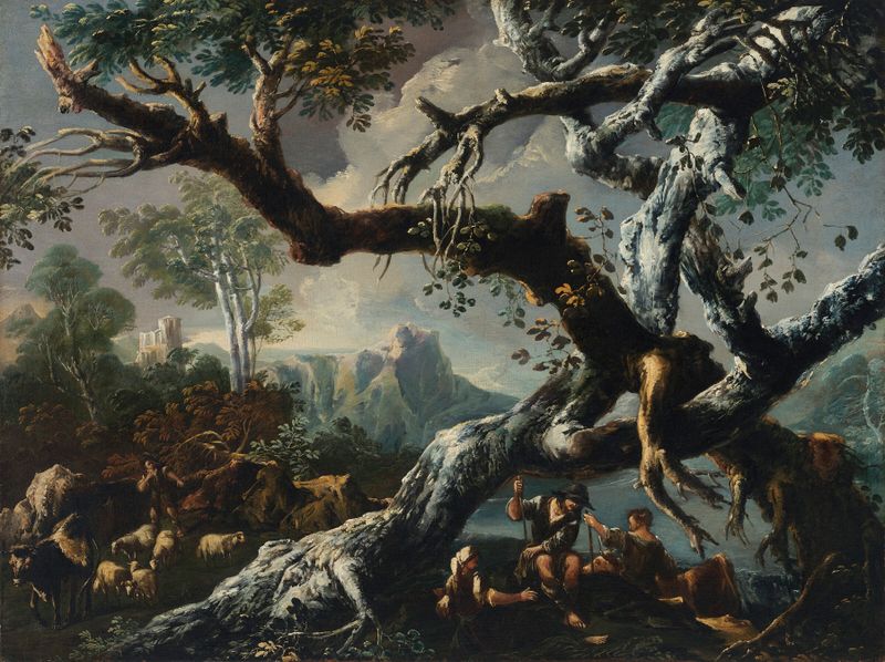 Shepherds beneath a tree on a clifftop, óleo de Giulio Bucci