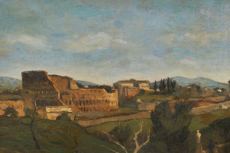 Le Colisée à Rome by Henri-Joseph Harpignies, oil painting depicting ancient architecture at sunset.