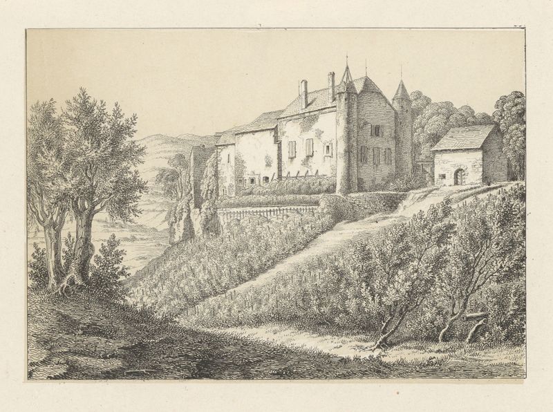 Paisaje de Bavois de Johann Friedrich Wagner, pintura al óleo que representa montañas y un horizonte tranquilo.