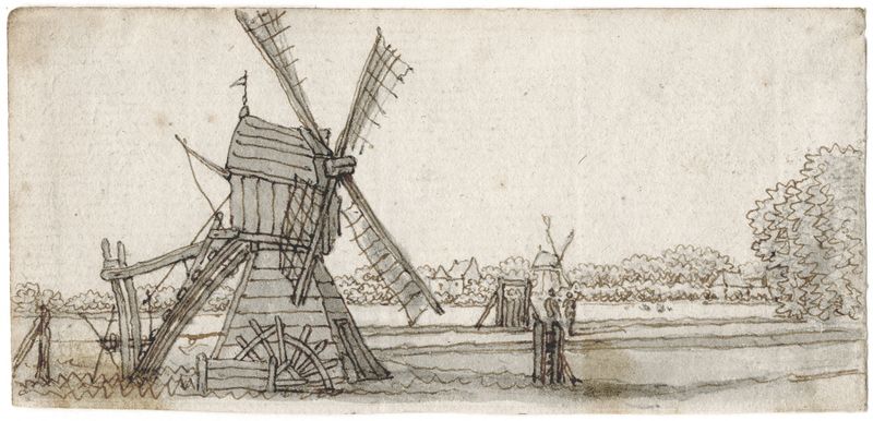 Paisaje con molinos de viento contra un cielo sombrío de Barend Hendrik Thier, medio desconocido.