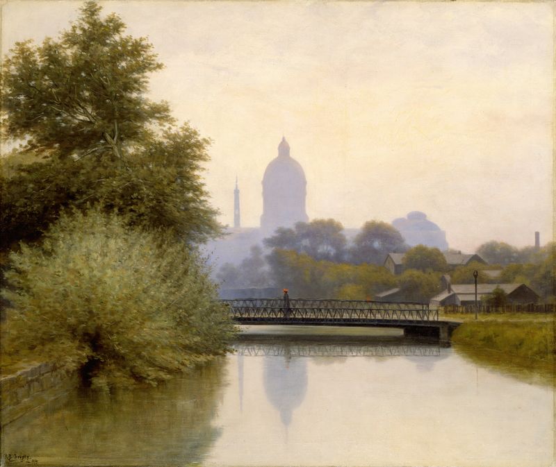 The Canal—Morning Effect de Richard Buckner Gruelle, pintura a óleo que retrata uma paisagem matinal tranquila com água.