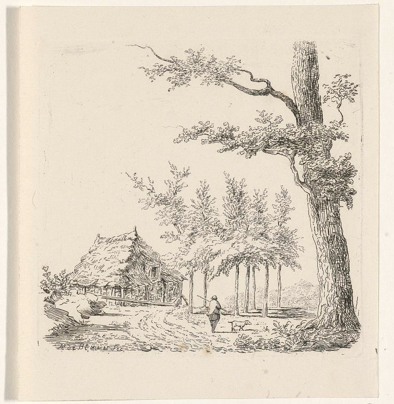 Gravura de Reinierus Albertus Ludovicus baron van Isendoorn à Blois mostrando um fazendeiro e um cachorro em um cenário ru...
