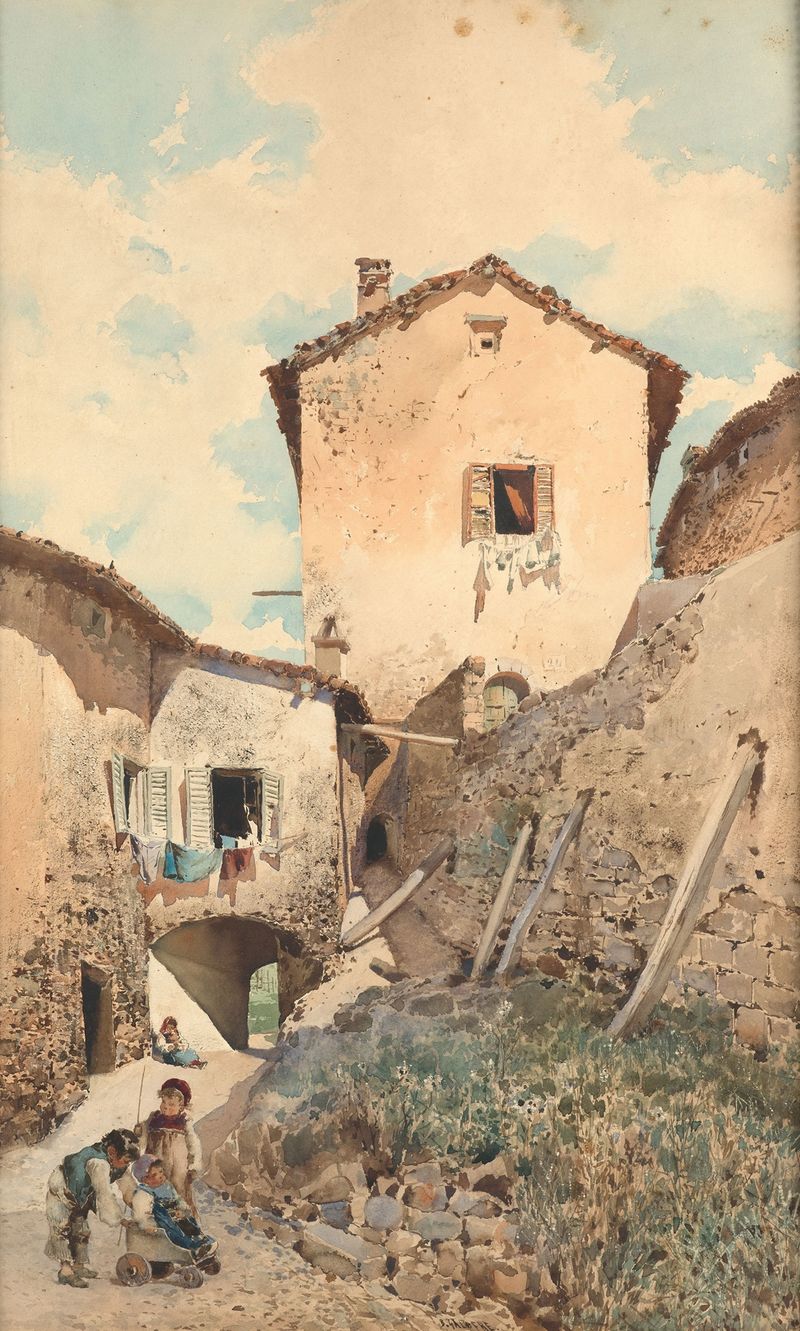Paisagem de um beco espanhol com paredes de terracota, óleo sobre tela de Baldomero Galofre