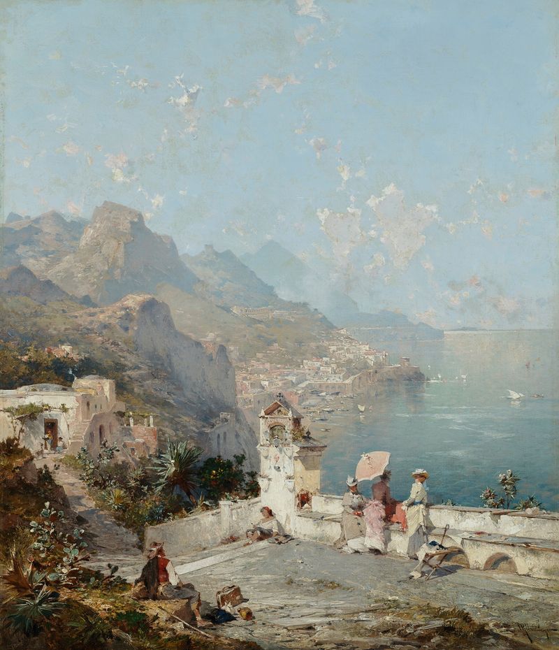 Genre scene with figures on a veranda, oil painting by Franz Richard Unterberger
