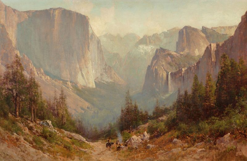 Yosemite landscape by Thomas Hill, oil painting featuring granite cliffs and golden light