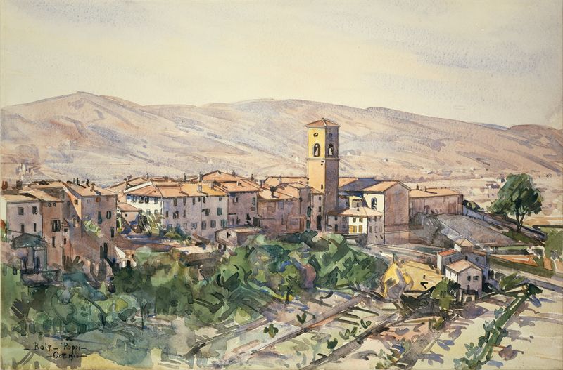 Oil painting by Edward Darley Boit depicting hills and a figure in Tuscany