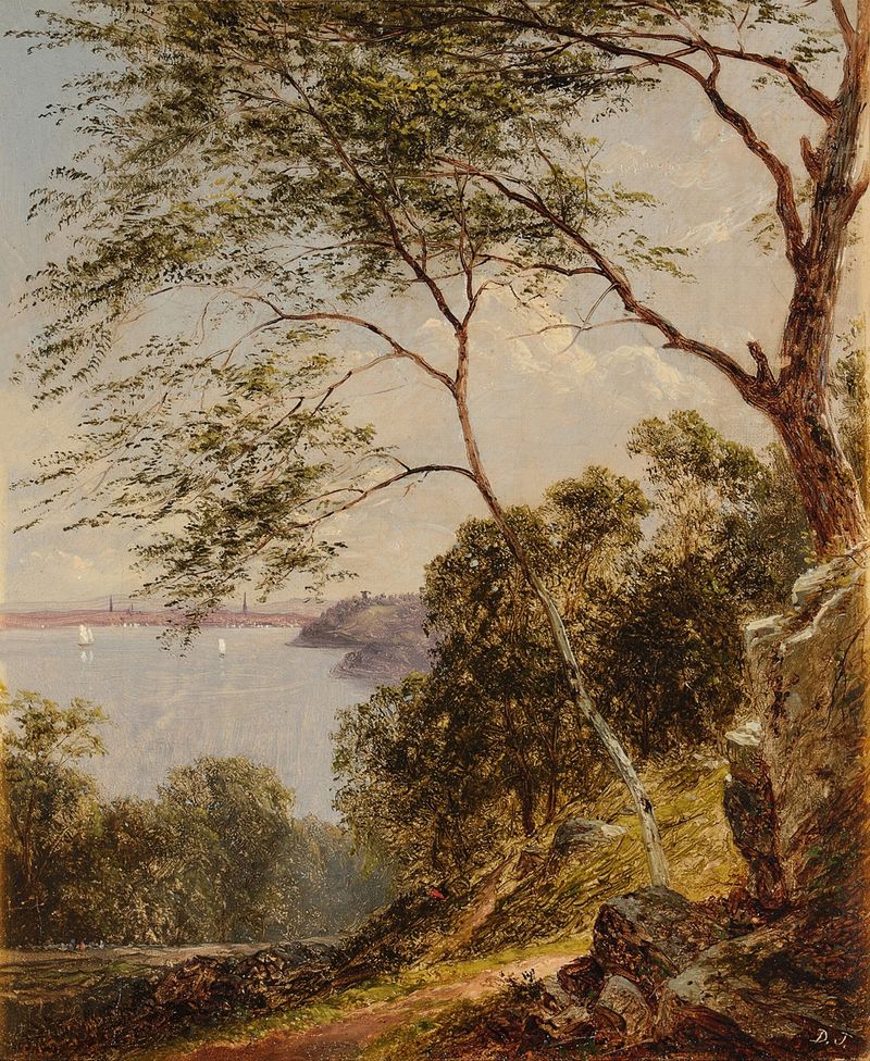 Landscape oil painting by David Johnson showing a serene view from Union Hill, Hoboken