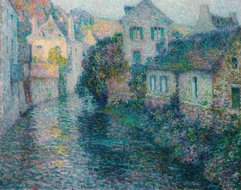 Les Vieilles Maisons, Quimperlé de Henri Le Sidaner, óleo sobre tela representando casas antigas ao crepúsculo.