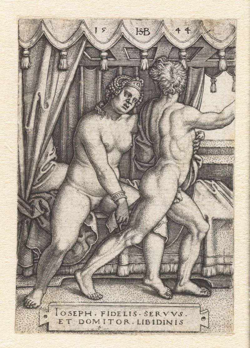 Grabado de Hans Sebald Beham que representa a José y la mujer de Potifar, 1544