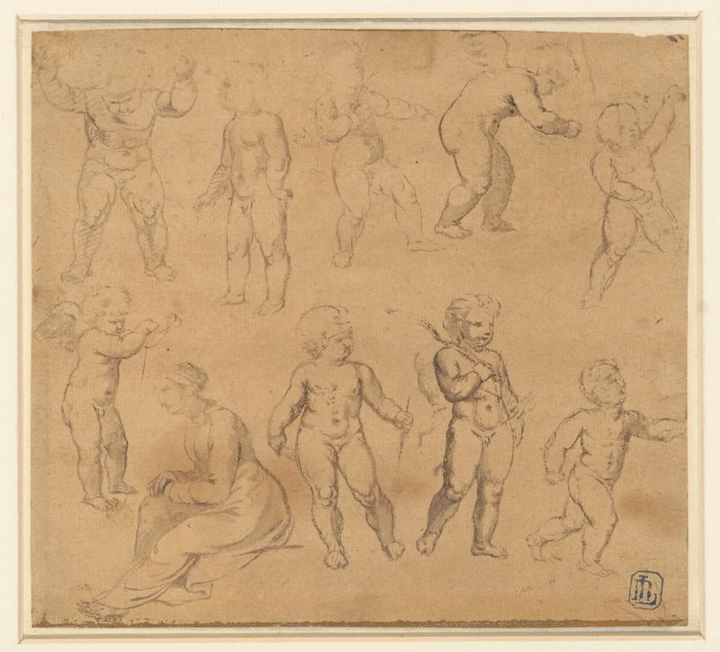 Dibujo figurativo de una mujer sentada con putti, Unknown Artist