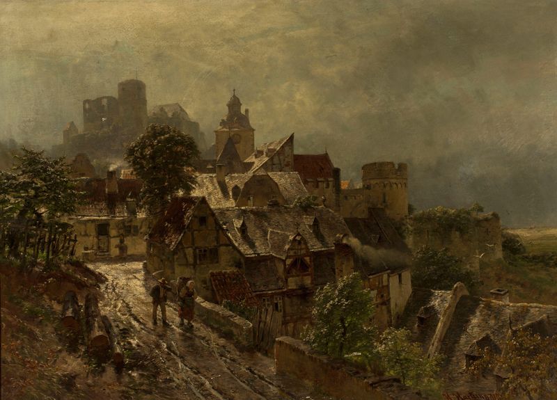 Paisaje que representa una ciudad con techos y torres de Heinrich Hartung
