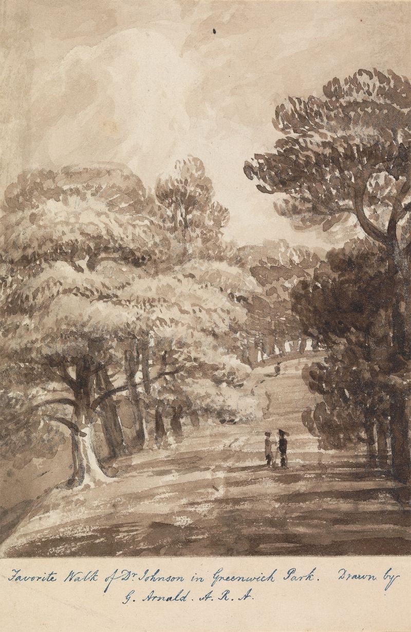 Landscape depicting a tranquil park scene by George Arnald, oil painting