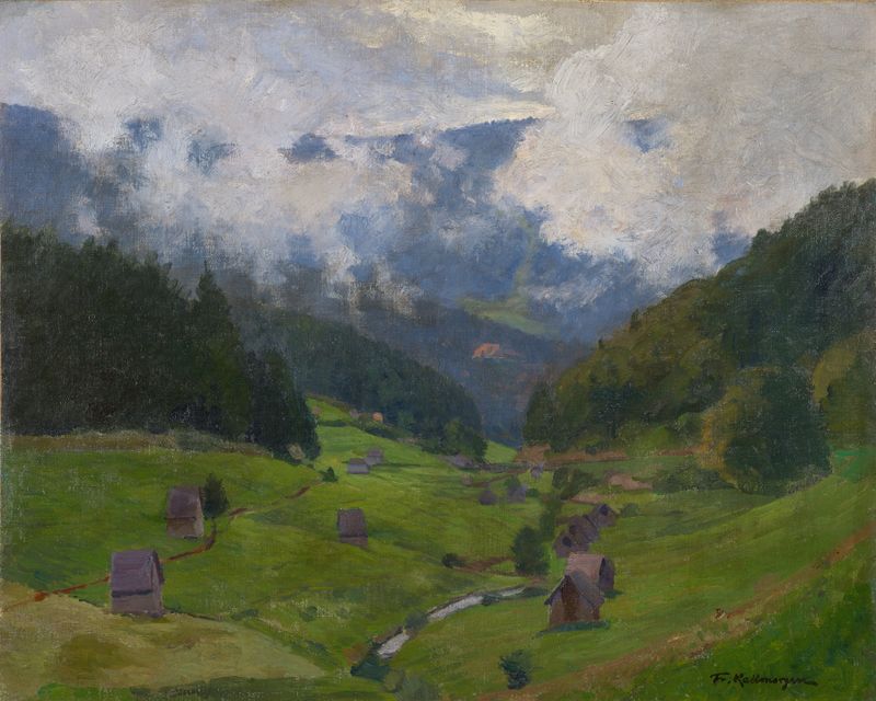 The Raumünzach Valley, oil on canvas by Friedrich Kallmorgen, featuring a stream and lush trees.