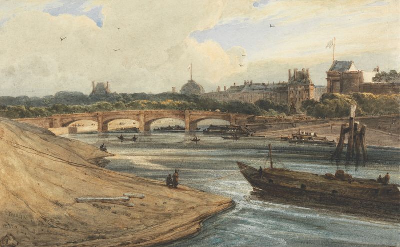 Oil painting by François Louis Thomas Francia depicting Tuileries Palace at sunset.