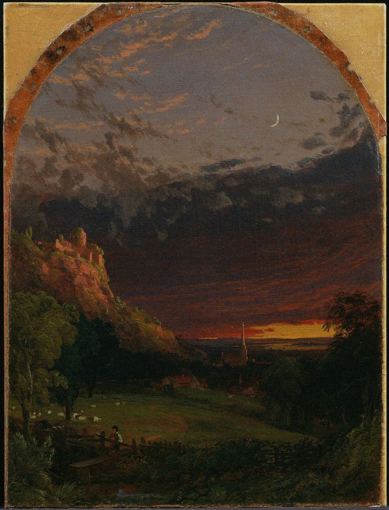 Evening de Jasper Francis Cropsey, pintura a óleo que retrata uma paisagem crepuscular com reflexos.