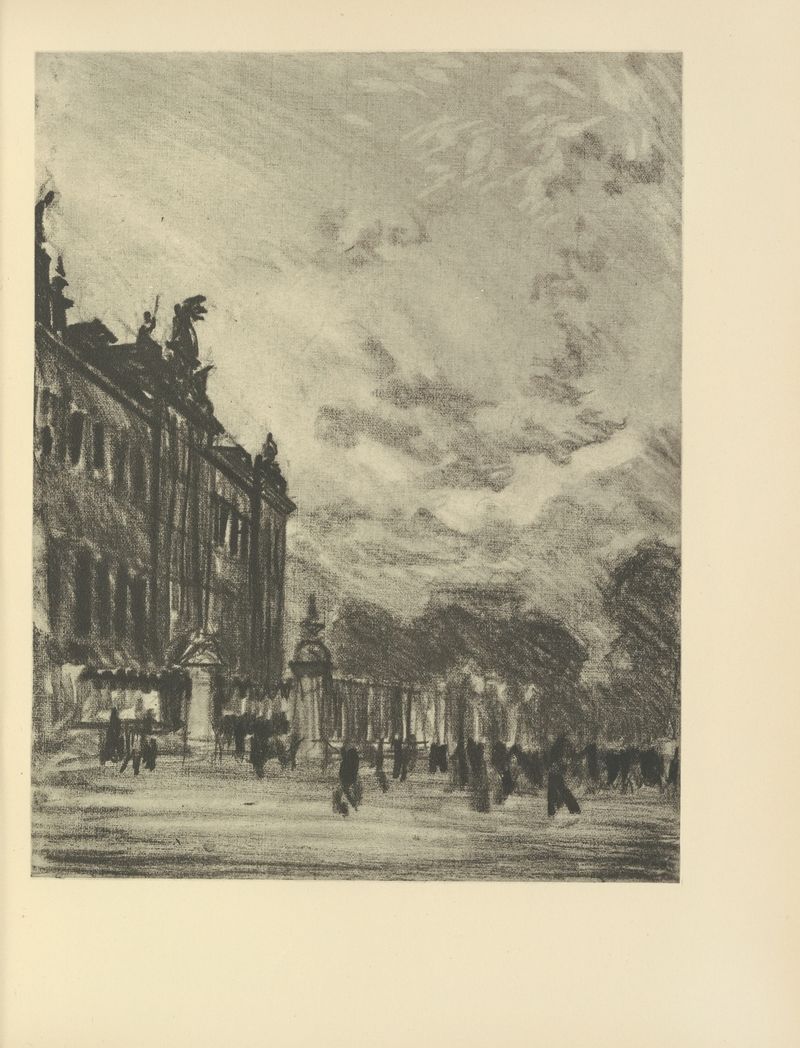 Representación en tinta sobre papel de Buckingham Palace por Joseph Pennell