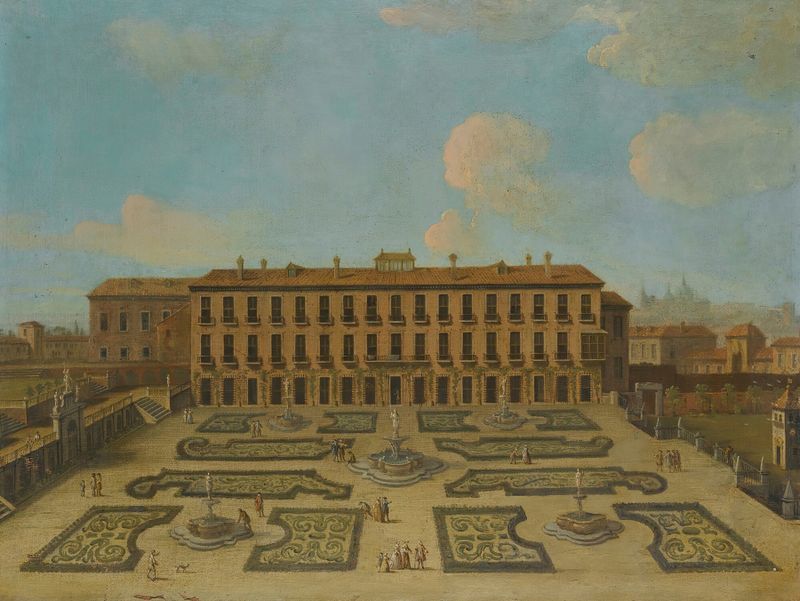 Cena rococó com figuras em um jardim perto de um palácio de um seguidor de Francesco Battaglioli