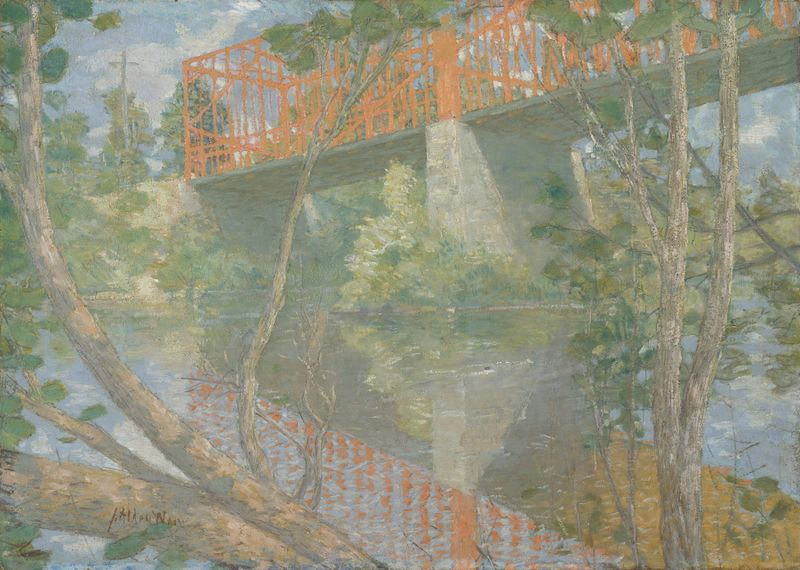 El Puente Rojo de Julian Alden Weir, óleo de un puente rojo sobre un río con árboles.