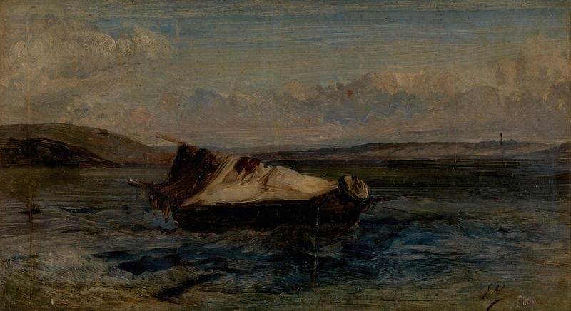 Cena marinha com um pequeno barco na água, pintura a óleo de Eugène Isabey