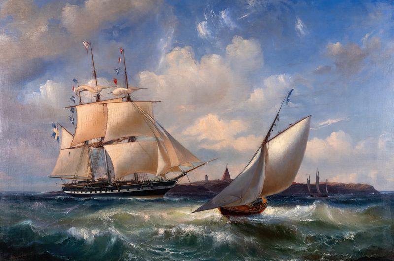 Seascape, Vinga Lighthouse by Arnold Plagemann, oil painting depicting a lighthouse by the sea.