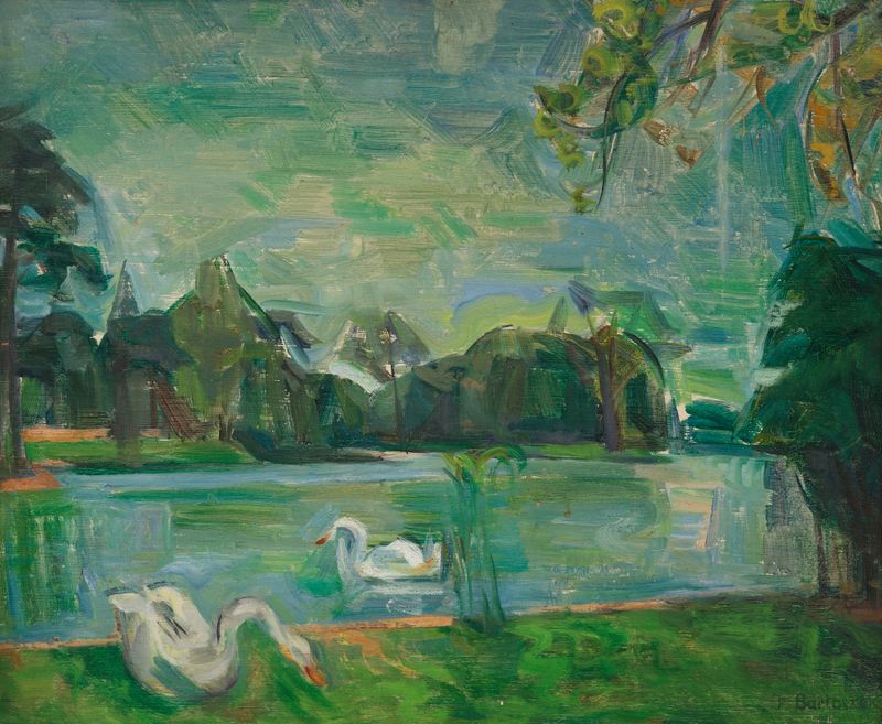 Swans on a lake, oil painting by Franciszek Bartoszek