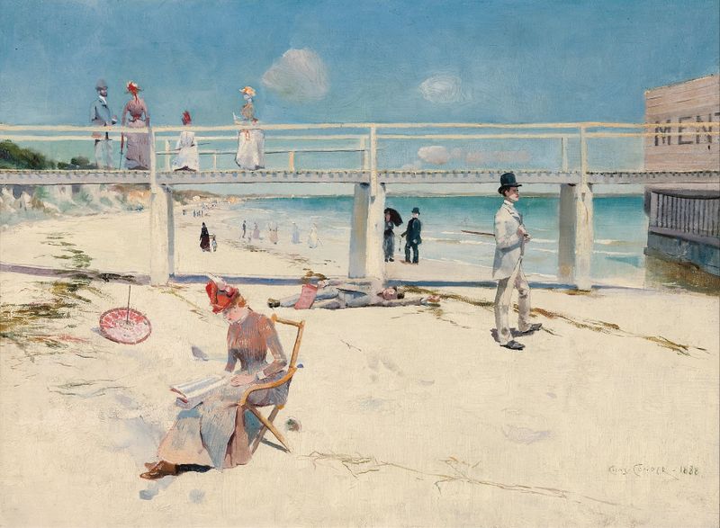 A Holiday at Mentone by Charles Conder, impressionism, depicts figures relaxing on a beach under sunlight.