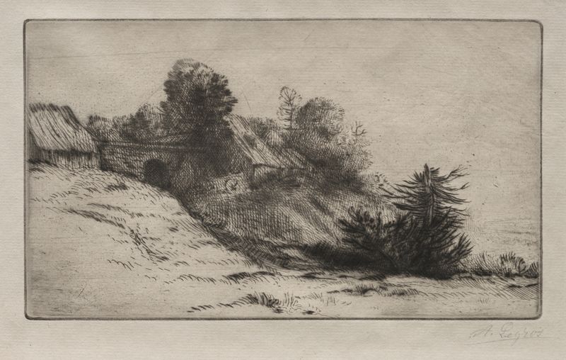 Paisagem com uma casa de campo e árvores, óleo sobre tela de Alphonse Legros